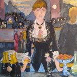 Painting of a lady standing behind a bar