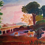 Landscape painting with trees, cows and people