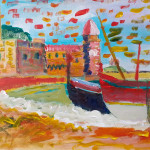Painting of Collioure belltower and boats