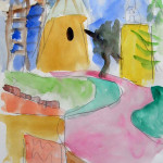 Watercolour painting of a windmill