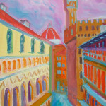 Colourful painting of the Uffizi Gallery in Florence