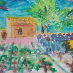 Painting of a hut in a vineyard