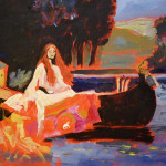 Painting of a lady in a boat on a lake