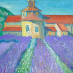 Painting of an abbey and lavender field