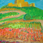 Painting of medieval castle and vineyard