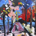 Painting of a night time scene with trees and courting couple