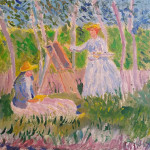Painting of two ladies, one painting at an easel, in the woods