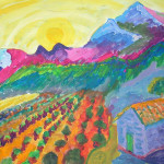 colourful painting of mountains and vineyards