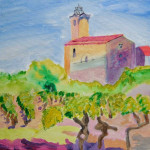 Painting of a church and vineyard
