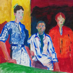 three people with colourful background