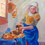 Painting of a woman pouring a jug of milk into a dish.